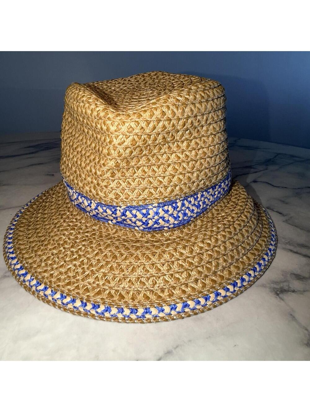 Eric Javits Woven Raffia Straw Hat UPF 50+ Packable Squishee Bucket Beige Blue - Picture 6 of 8